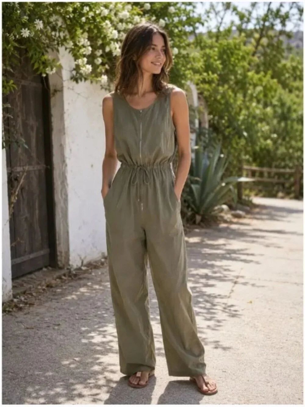 NWT Athleta Flex Jumpsuit Olive Branch, Sleeveless Drawstring Jumpsuit size M.